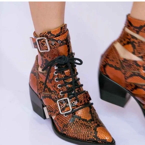 New! CHLOE Rylee Snake-Effect Leather Ankle Boots | Lace-Up Cutout Block Heel - Picture 1 of 16